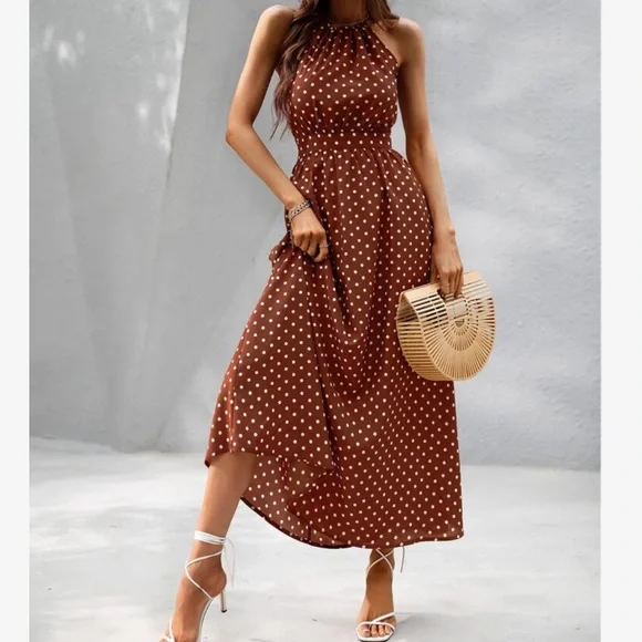 Boho Polka Dot Halter Maxi Dress Brown - Picture 1 of 13
